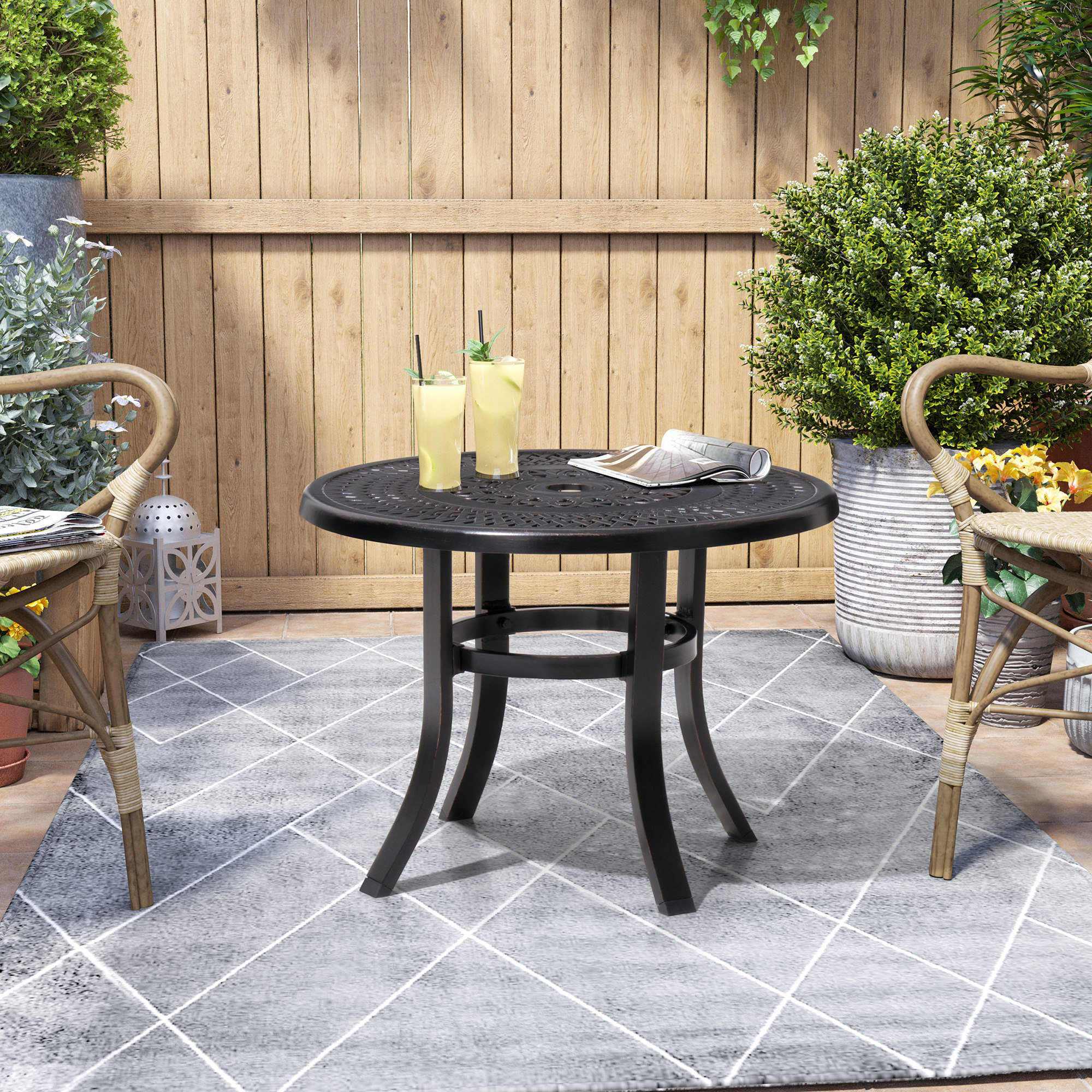 Alcott Hill Cast Aluminum Patio Side Table Outdoor Round Anti rust Small Table With Umbrella Hole Coffee Bistro Table Market Umbrella Table